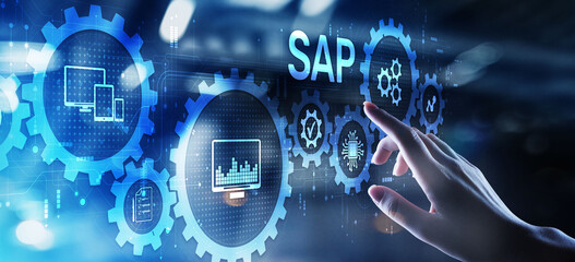 SAP software business process automation. ERP enterprise resource planning system on virtual screen.