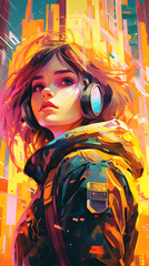 Pop Art style image of a girl with headphones, surrealistic, cyberpunk style