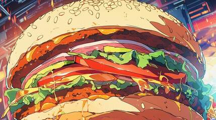 Savoring the Flavor: Close-Up of a Delicious Anime-Style Hamburger, Generative AI