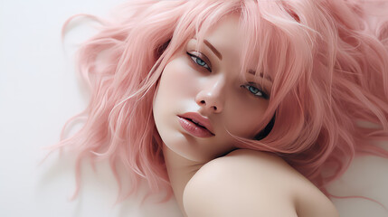 Sensual young sleepy girl with pink hair on white background. Portrait of a beautiful lying woman, pastel light colors. 