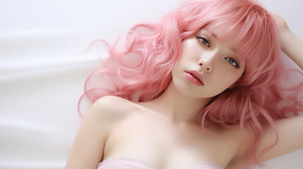 Fototapeta premium Sensual young sleepy girl with pink hair on white background. Portrait of a beautiful lying woman, pastel light colors. 
