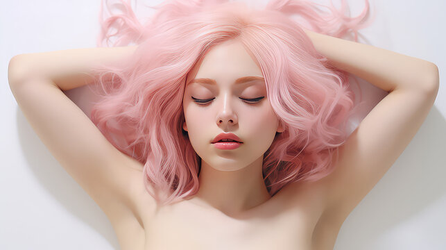 Sensual young sleepy girl with pink hair on white background. Portrait of a beautiful lying woman, pastel light colors. 