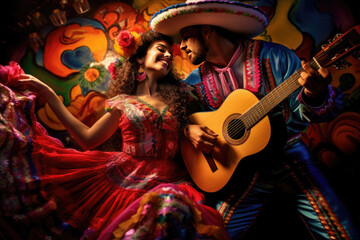 Mexican musician plays guitar and beautiful girl dancing on city fiesta. Spanish Heritage month, Hispanic and Latino Americans culture, tradition and art heritage - obrazy, fototapety, plakaty