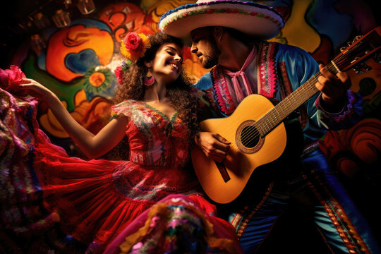 Mexican musician plays guitar and beautiful girl dancing on city fiesta. Spanish Heritage month, Hispanic and Latino Americans culture, tradition and art heritage