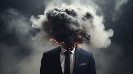 Exploring Mental Health: A Man in a Suit with His Mind in Turmoil, Head Surrounded by Dispersing Smoke, Reflecting Stress and Depression on a Gray Background. - obrazy, fototapety, plakaty