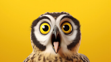 Startled Owl: A Feathered Friend with Enormous Eyes, Captured in Surprise Against a Vibrant Yellow Background.