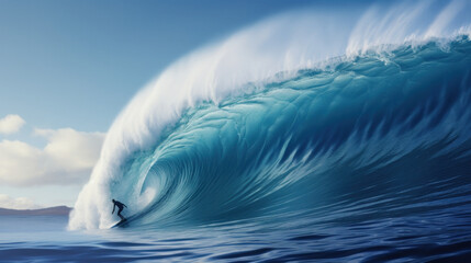 Riding the Giant Blue: A Surfer Conquers a Massive Ocean Wave, Exemplifying the Thrill of Extreme Sports and an Active Lifestyle.