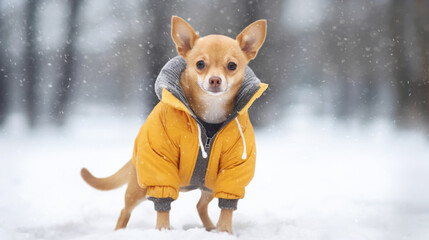 Portrait of a Chihuahua breed dog in yellow winter coat - obrazy, fototapety, plakaty