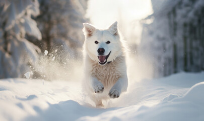 Portrait of a happy white fluffy dog running in snow in winter