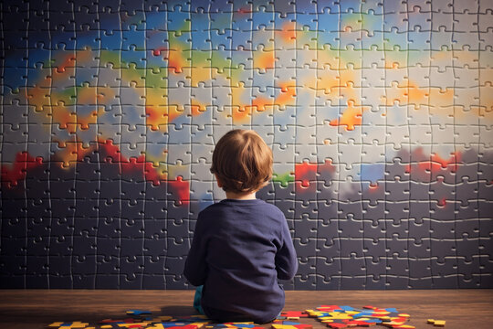 AI generated image back view of autism spectrum boy sitting against the jigsaw puzzle wall