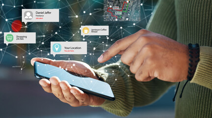 Hands, phone and hologram of icons in city communication, networking and connection or internet...