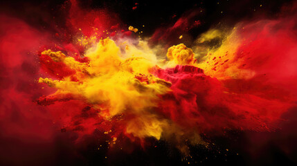 Red and yellow colored powder explosions on black background. Holi paint powder splash in colors of Spanish flag - obrazy, fototapety, plakaty