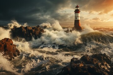 Fototapeta na wymiar Coastal Lighthouse With Crashing Waves, Generative AI