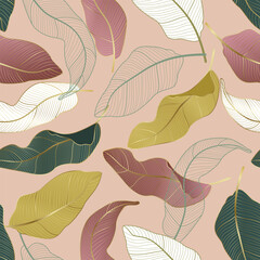 Floral seamless pattern with leaves. gold outline tropical background