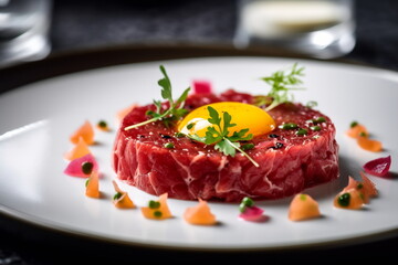 Beef tartare with egg yolk on a dark background