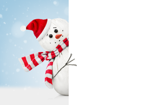 snowman in santa hat peeks out from behind white isolated wall - Powered by Adobe
