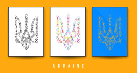 Ukraine design art composition. Set modern minimal illustration of silhouette coat of arms from various elements. National patriotic fashion concept for background print, poster, cover, card.
