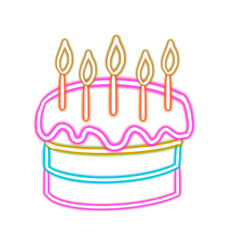  birthday cake with candles glowing desktop icon, cake neon sticker, neon figure, glowing figure, neon geometrical figures 