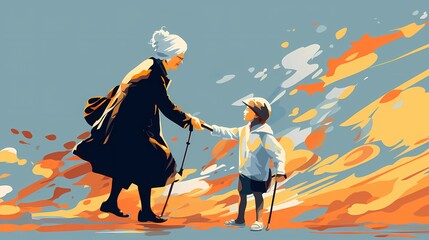 Illustration of a child helping an elderly person, generational support, pop art style banner