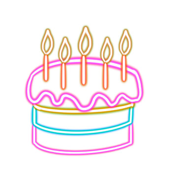  birthday cake with candles glowing desktop icon, cake neon sticker, neon figure, glowing figure, neon geometrical figures 