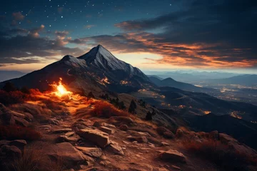 Fotobehang Mountain summit under a sky ablaze with stars, Generative AI © fahmy