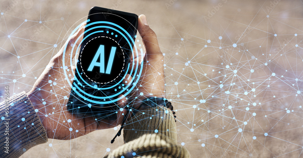 Poster Phone screen, hands and artificial intelligence hologram of software development, outdoor communication and chat. Person on mobile app, plexus overlay or AI data for futuristic information technology