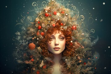 Visage d'une femme coiffée de boules et guirlande de noël. Concept tendance et moderne des fêtes de Noël.