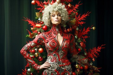 femme habillée en sapin de Noël rouge, concept haute couture, vêtement de luxe