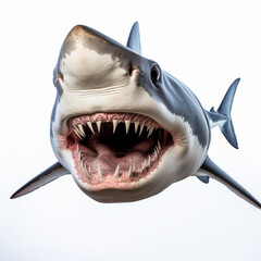 White shark with open jaws closeup. Shark predator, isolated on white background. - obrazy, fototapety, plakaty