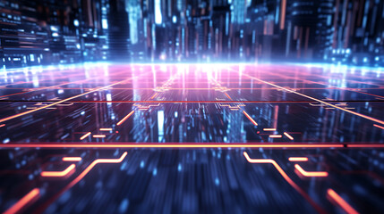 Obraz premium On field made of computer microchips details matrix futuristic lines code with binary data, cybernetic atmosphere around, cyberpunk, beautiful soft neon lighting, lux