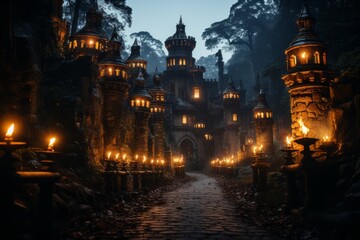Medieval castle lit by torches, Generative AI