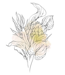 Line art tropical bouquet with palm leaves and flowers, watercolor splash