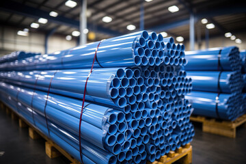 blue plastic PVC pipes stacked in a warehouse, PVC water pipes used in construction