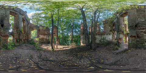360 hdri panorama inside abandoned ruined bushy concrete decaying old building without roof in full...
