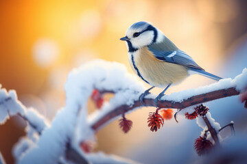 The great tit sitting on tree branch on sunny winter day. Birds feeding in cold season. - obrazy, fototapety, plakaty