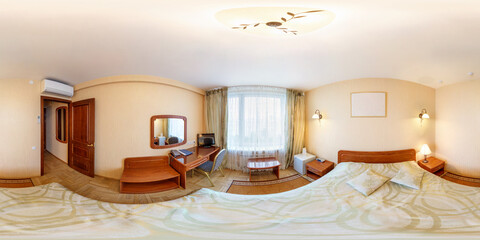 seamless 360 panorama in interior of bedroom of cheap hotel,  flat or apartments with chairs and...