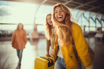 Two young women with suitcases in international airport. People carrying luggage running in a hurry in departures terminal. - obrazy, fototapety, plakaty