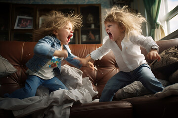 Two little children having fight at home. Kids fighting and screaming at each other. Siblings quarrel. Kids bad behavior. - obrazy, fototapety, plakaty