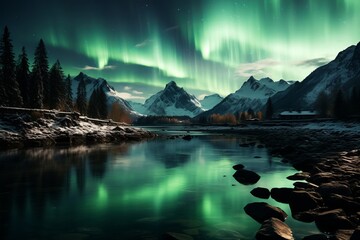 Mountain pass illuminated by the aurora borealis, Generative AI