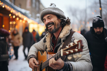 Cheerful street musicians performing in city park on snowy winter day. Performer playing a guitar. People gathering in the background. - obrazy, fototapety, plakaty
