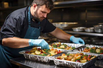 Food catering. Chef prepares food in restaurant and packs it in disposable dishes.