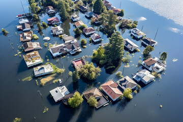 Aerial view of houses flooded with dirty water of a river. Buildings and cars submerged in water during an overflow of water.