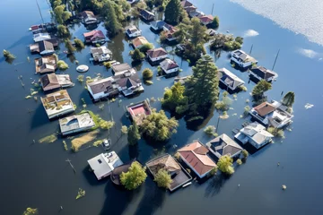 Poster Aerial view of houses flooded with dirty water of a river. Buildings and cars submerged in water during an overflow of water. © MNStudio