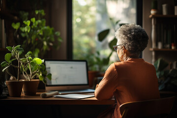 Back view of a senior lady using her laptop at home. Elderly woman working on her computer by the window in living room. - obrazy, fototapety, plakaty