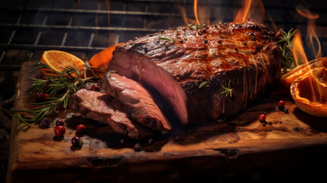 Grilled beef steak ribeye on wooden cutting board. Presentation of ribeye beef steak grilled on slate plate. Juicy Freshly grilled Ox rib.