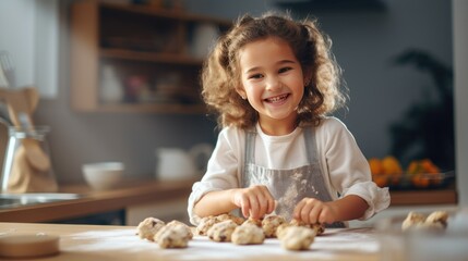 Happy little girl eats cookies in kitchen at home - obrazy, fototapety, plakaty
