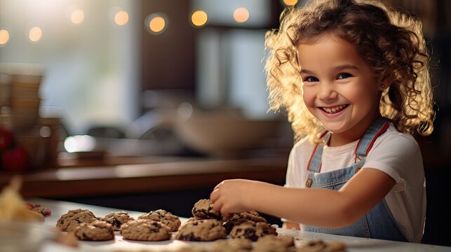 Happy little girl eats cookies in kitchen at home