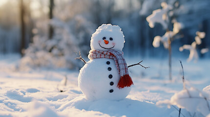 Little snowman in forest with hat and scarf in the snow, winter is coming, carrot nose