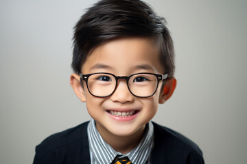 Portrait of an cute little boy wearing eyeglasses. Head shot of smiling person wearing glasses.
