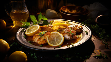 Stewed roast chicken leg and meat in tomato sauce with spices and herbs, on a rustic background